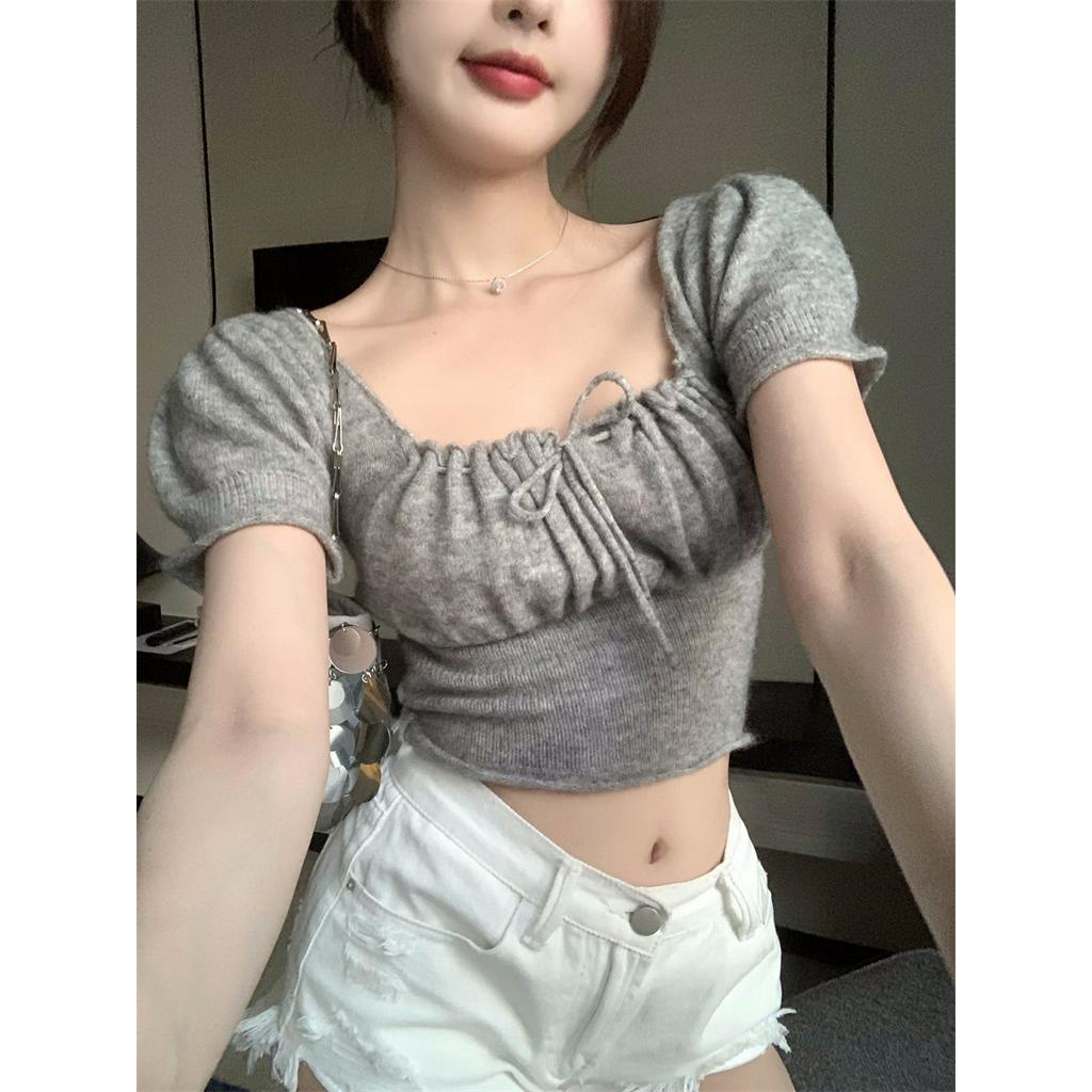 Áo Thun Tay Ngắn Dệt Kim Ôm Dáng Thiết Kế Dây Rút Xếp Ly 3 Màu Tùy Chọn Cho Nữ