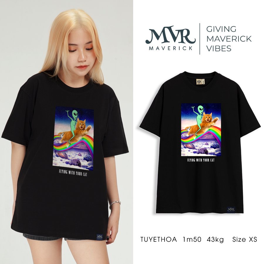Áo thun nam nữ cổ tròn Cotton Người ngoài hành tinh cưỡi mèo vui nhộn MVR KK3855