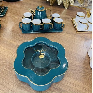 Khay mứt tết, khay đựng bánh kẹo, khay mứt sứ nắp hươu gốm sứ cao cấp xanh cổ vịt