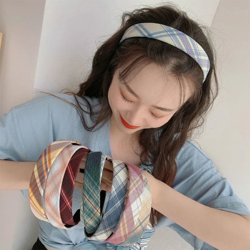 Women's college-style headbands Wide-banded Korean vintage-style checkered hairbands for girlfriends