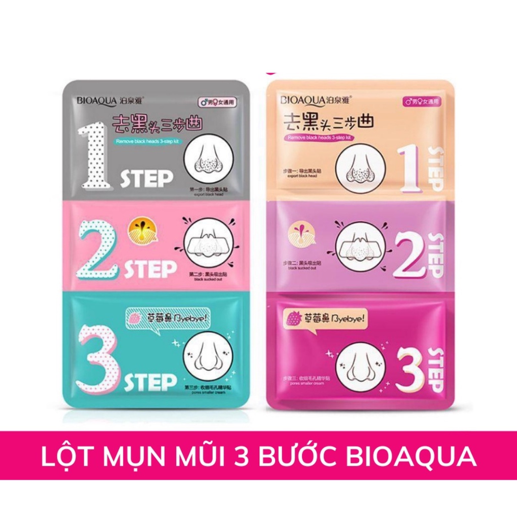 Mặt Nạ Lột Mụn Mũi 3 Bước 3 Step BIOAQUA, Lột Mụn Đầu Đen, Mụn Cám, Se Khít Chân Lông Nội Địa Trung