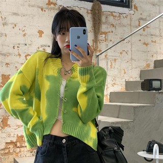 Áo khoác len tay dài gài kim cardigan hở giữa croptop form ngắn màu xanh lá ulzzang