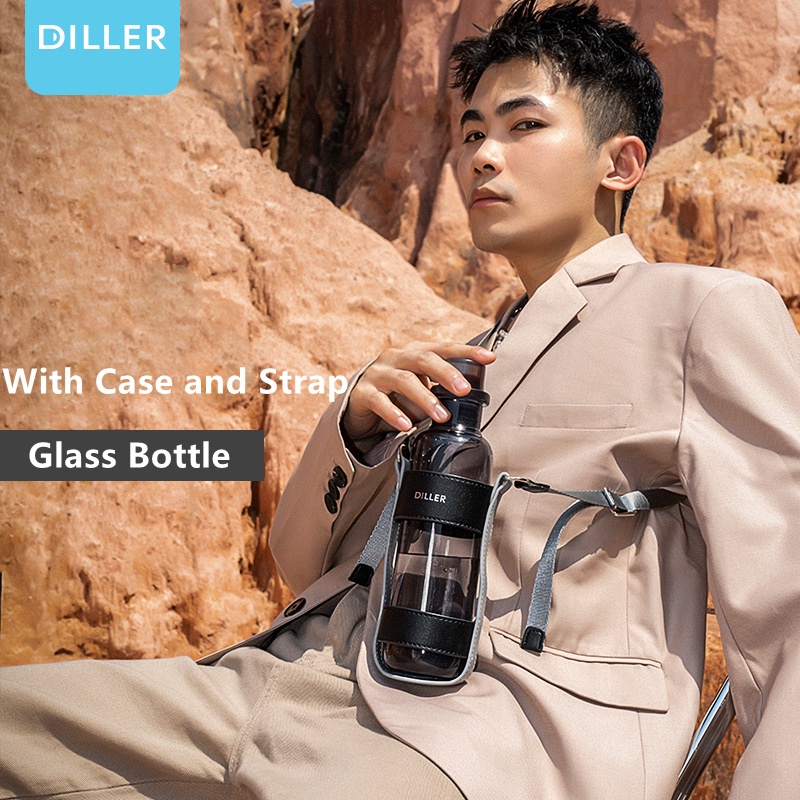 Bình nước DILLER MLH552 bằng thủy tinh có dây đeo da dung tích 510ml / 520ml