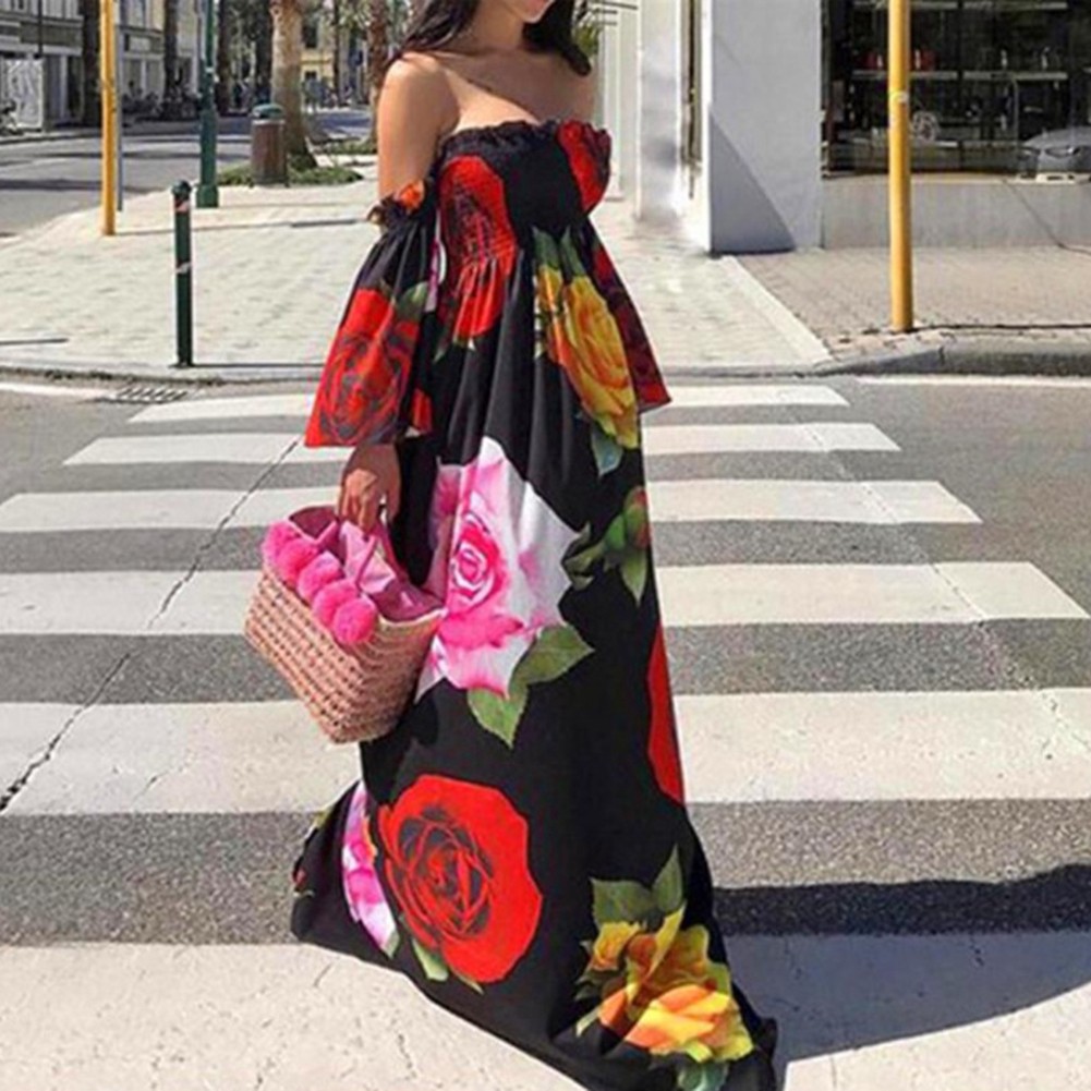 Đầm Maxi trễ vai tay loe hoạ tiết hoa phong cách Bohomian