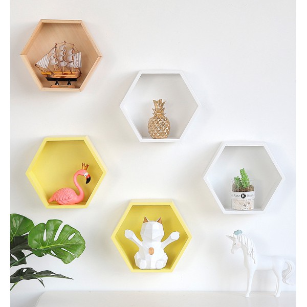 Kệ treo tường bằng gỗ hình tổ ong phong cách hiện đại decor phòng khách, trưng bày vật dụng, kích thước 25cm