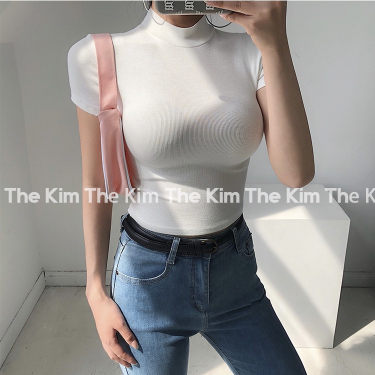 Áo thun tăm trơn ngắn tay cổ cao , cổ tròn , áo croptop basic tay ngắn ôm sát body The Kim A124