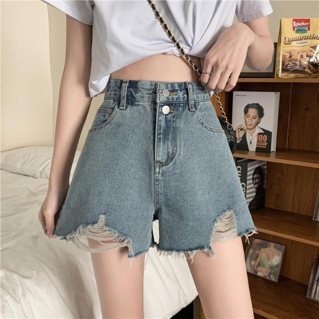 Quần Short Denim Lưng Cao Ống Rộng Phong Cách Hong Kong Cho Nữ