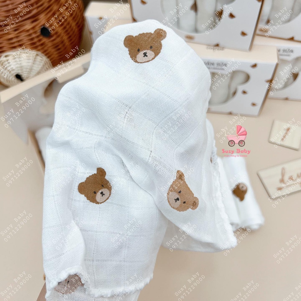 Set 6 khăn sữa sợi tre cho bé Mochee họa tiết gấu kích thước 30x30cm