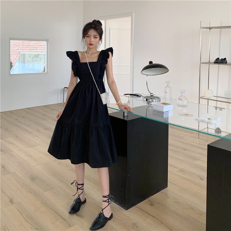 Đầm babydoll đen dáng dài thắt nơ sau lưng xinh xắn phong cách ulzzang
