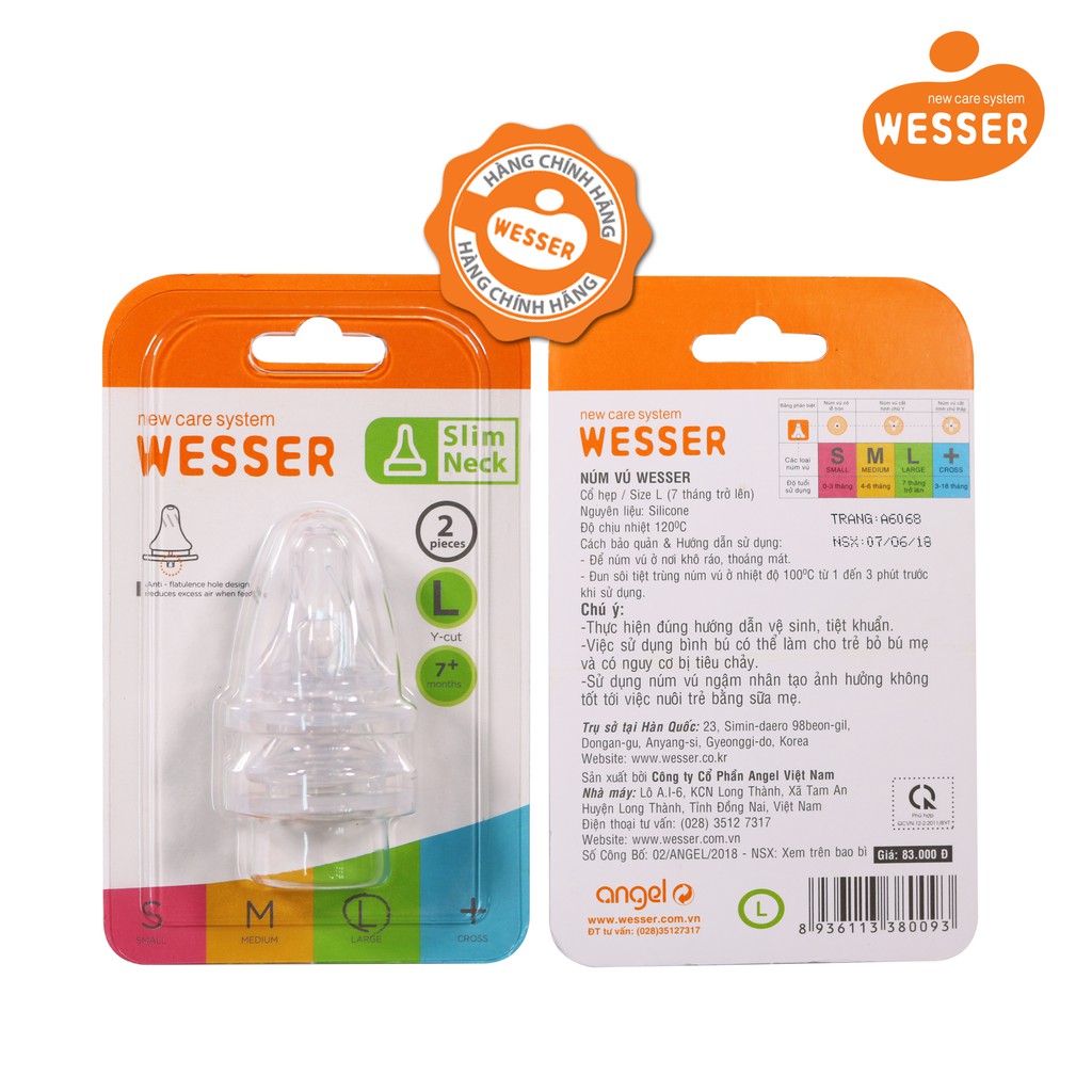 Vĩ Núm vú Wesser Cổ hẹp size M Dùng cho bé 4-6 Tháng
