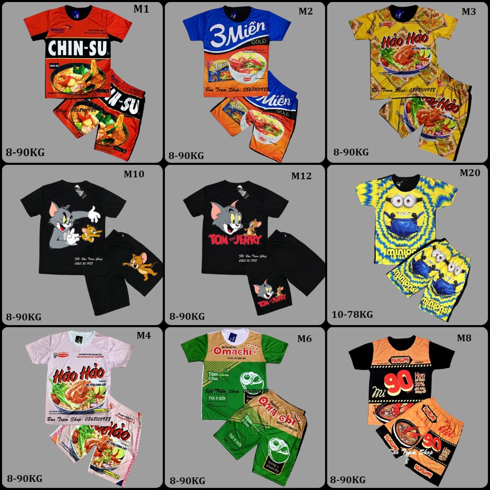 Bộ thun ngộ nghĩnh cho bé từ 10kg - 26kg, bộ thun bé trai hình mì tôm , hình con vật hoạt hình