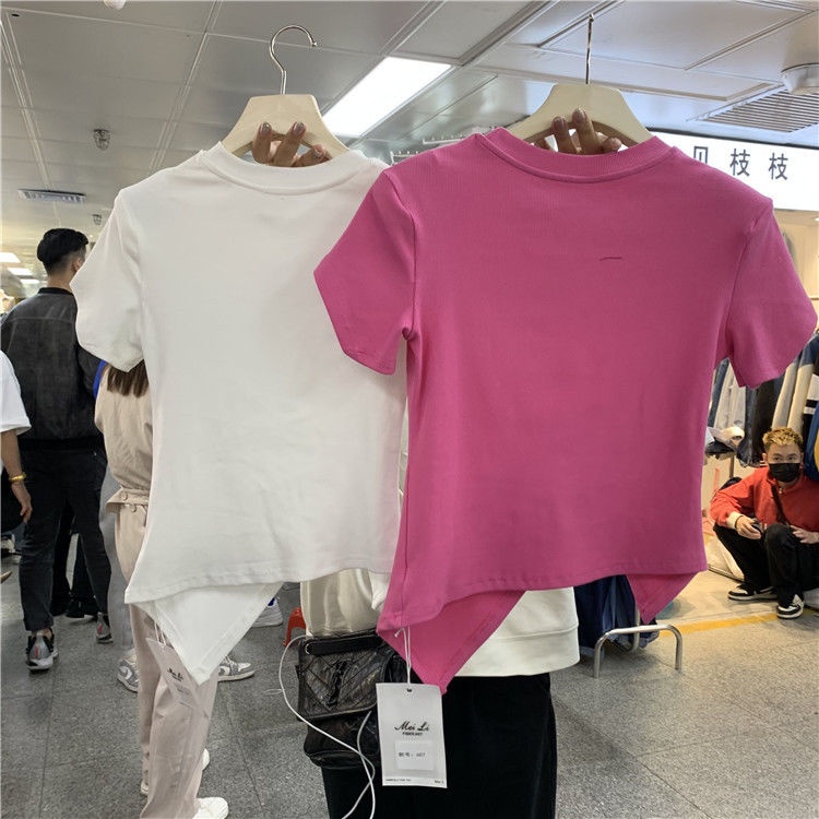 Áo Thun Ngắn Dáng Ôm Xẻ Tà Thời Trang Xuân Hè 2022 Phong Cách Mới Cho Nữ