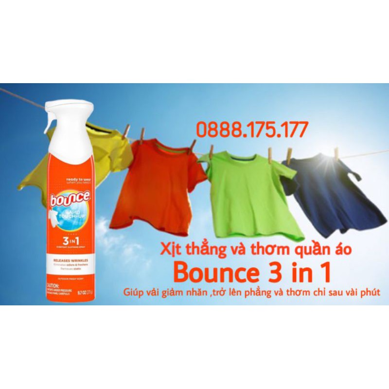 Nước Xịt Chống Nhăn, Khử Mùi Quần Áo Bounce Rapid Touch-up 3 in 1