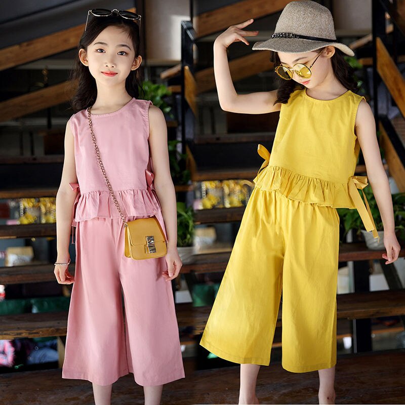 Bộ Áo Thun Không Tay + Quần Dài Dáng Rộng Chất Liệu Cotton Thời Trang Mùa Hè Dành Cho Bé Gái 5-12 Tuổi