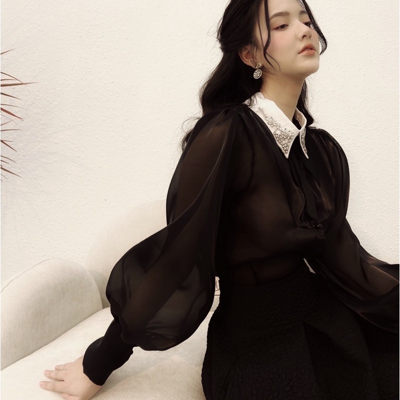 Áo sơ mi dài tay thiết kế cao cấp organza H.I.U ROOM ,Mona shirt tay bồng tiểu thư 1 lớp H.I.U design 2022