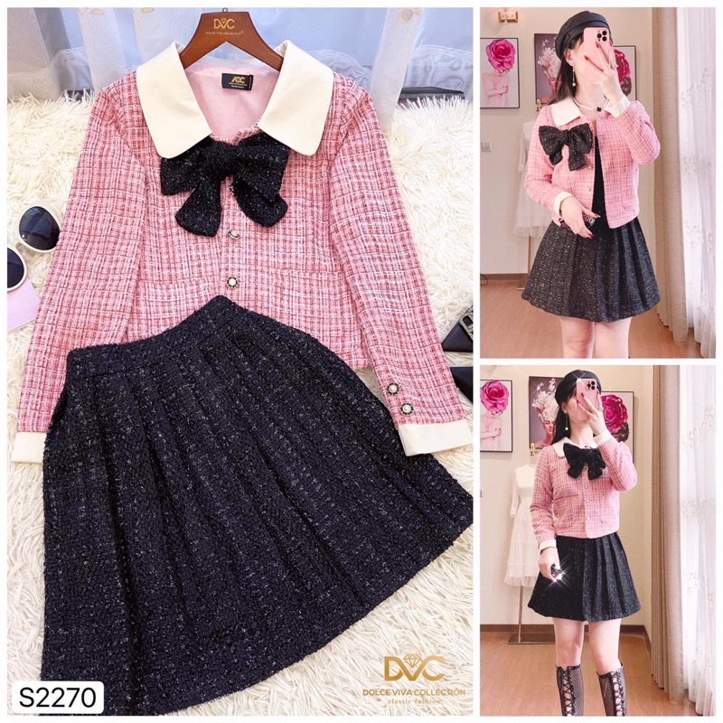 Set Áo dạ hồng kèm chân váy dạ đen - DVC2270 | BigBuy360 - bigbuy360.vn