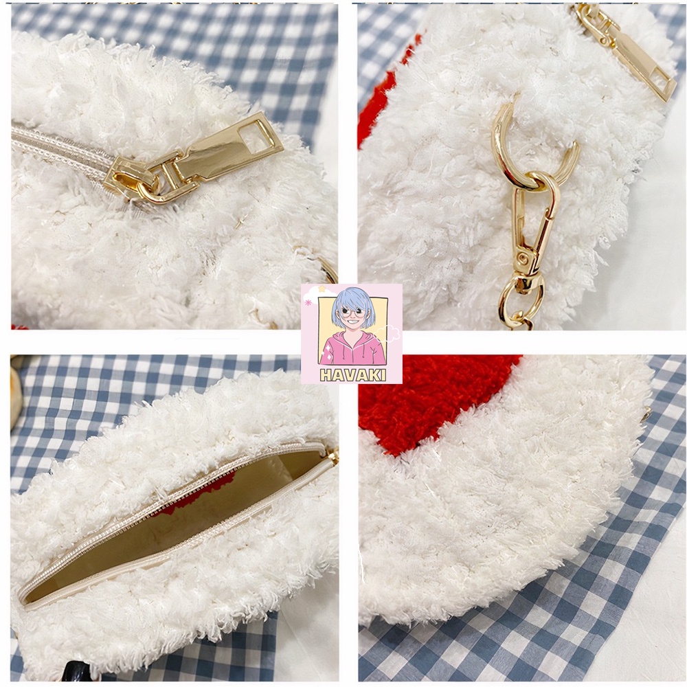 Túi đeo chéo tự đan handmade thời trang len xù phối trái tim - Phụ kiện đan túi HAVAKI