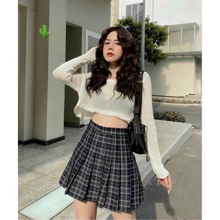 Sét bộ áo kiểu croptop tay dài phối chân váy xếp ly caro cực xinh ( ảnh thật )