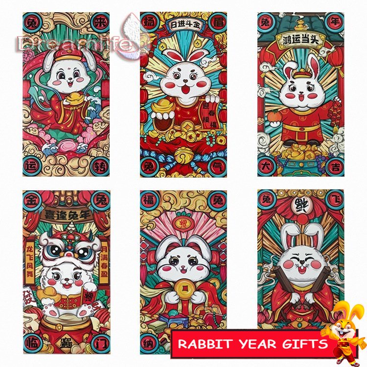 Set 6 Bao Lì Xì Năm Mới 2023 In Họa Tiết Thỏ Hoạt Hình Xinh Xắn