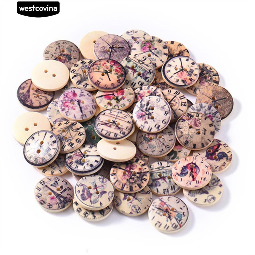Set 50 Nút Gỗ 2 Lỗ Hình Đồng Hồ Vintage