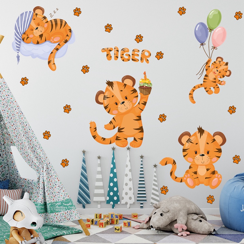 1 Set Giấy Dán Tường Vinyl Hình Con Hổ Hoạt Hình DIY Trang Trí Phòng Trẻ Em