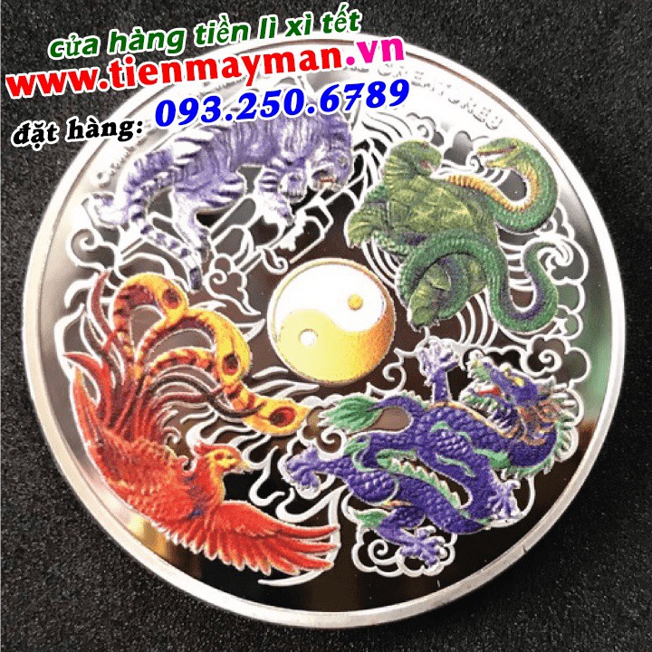 Đồng Xu Tứ Linh ý nghĩa phong thủy - tặng kèm túi gấm rồng phụng