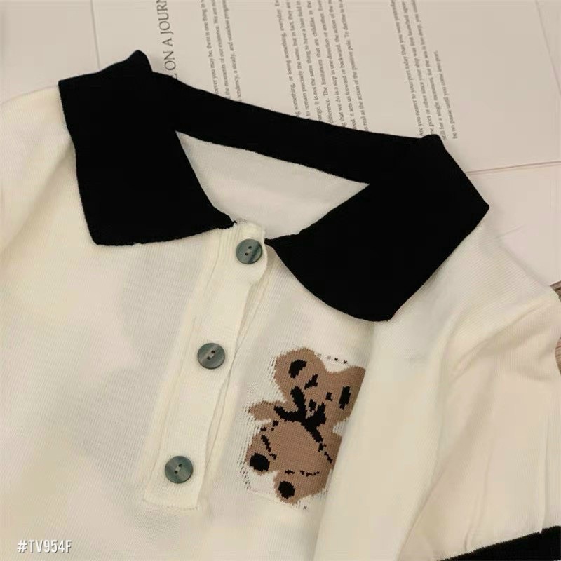 Áo len mongtoghi cổ bẻ thêu gấu ngực siêu đẹp Áo len ngắn tay dệt kim _Thaovanshop