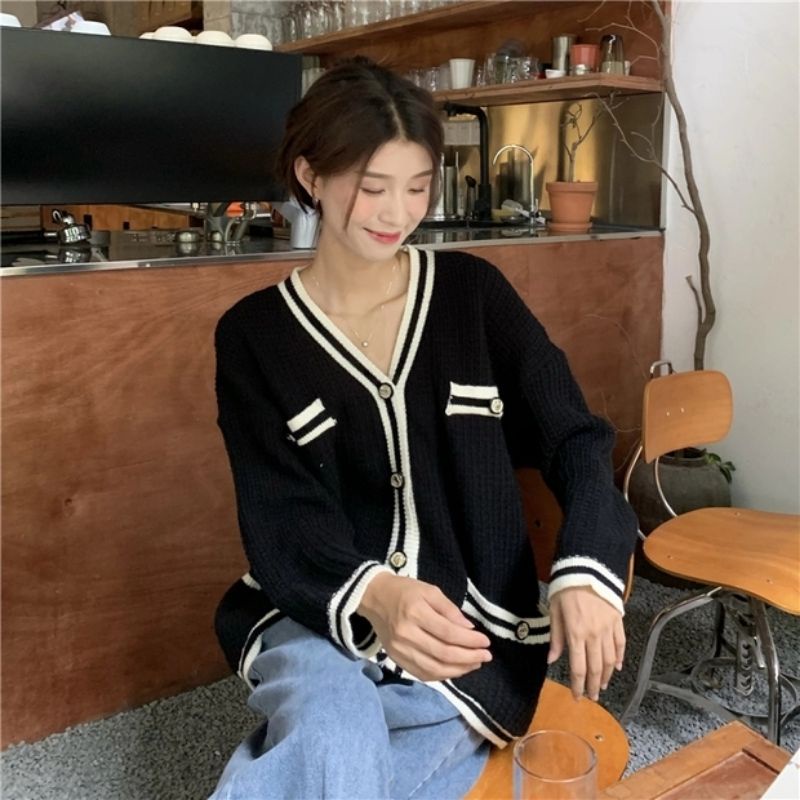 Áo cardigan len dệt kim viền có túi oder taobao