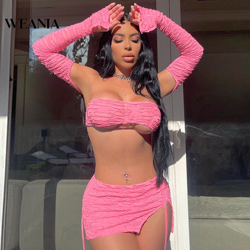 Bộ Áo Ống Màu Trơn + Chân Váy Xẻ Tà Dáng Ôm Gợi Cảm Cho Nữ