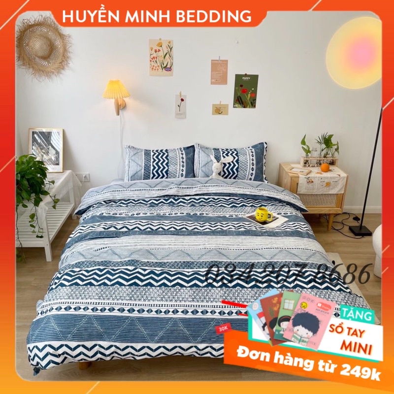 BỘ CHĂN GA GỐI POLY COTTON thổ cẩm sóng xanh - Bộ Chăn Ga Gối 5 Món Cao Cấp