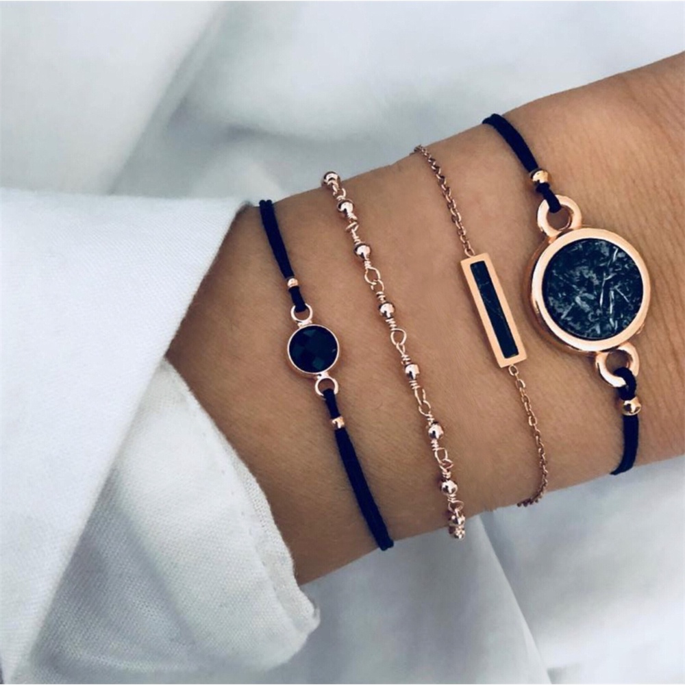 Set 4 Vòng Tay Dây Đen Xỏ Hạt Tròn Nhiều Lớp Phong Cách Bohemian Dành Cho Tuổi Teen Nữ