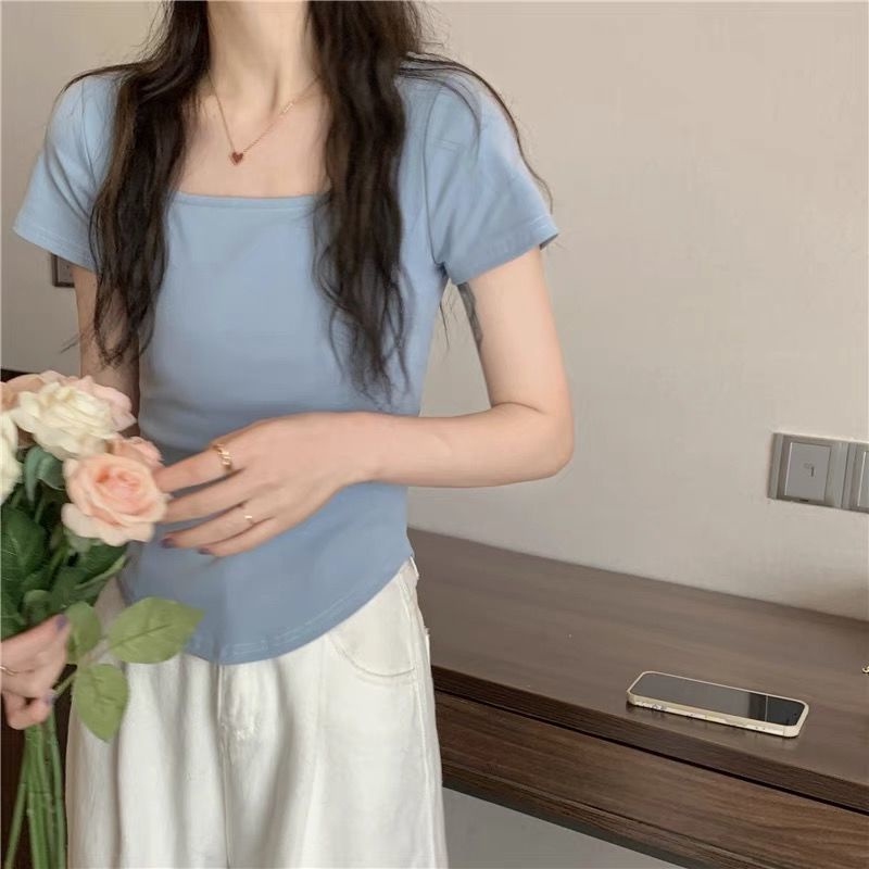 Áo Thun Tay Ngắn Dáng Ôm Màu Trơn Họa Tiết Kẻ Sọc Thời Trang Mùa Hè 2022 Mới Cho Nữ