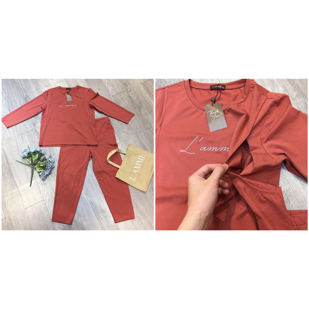 Bộ bầu mặc nhà B01 chất cotton mềm mại dáng dài tay có chỗ cho con bú và chun rút điều chỉnh bụng by LAMME