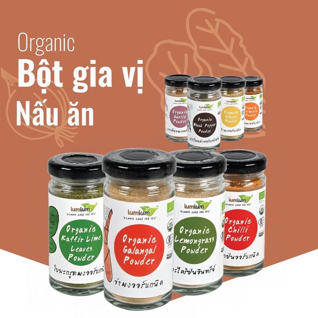 Bột gia vị hữu cơ (Tỏi/Hành/Quế/Cari/Nghệ/Gừng/Lá chanh/Riềng/Sả/Ớt/Tiêu) LumLum & Jackie's