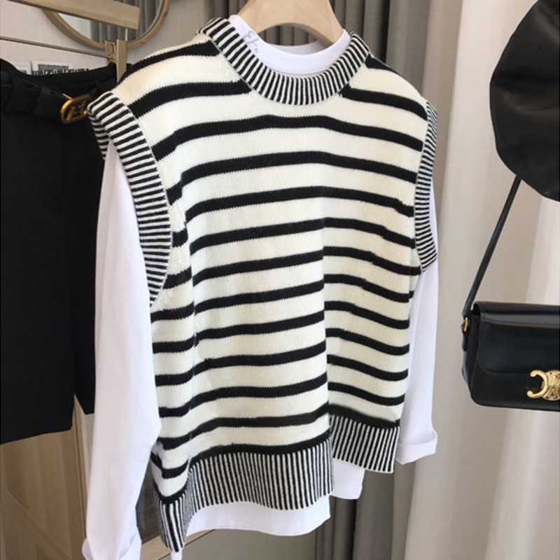 Áo Sweater Dệt Kim Không Tay Kẻ Sọc Ngựa Vằn Thông Dụng