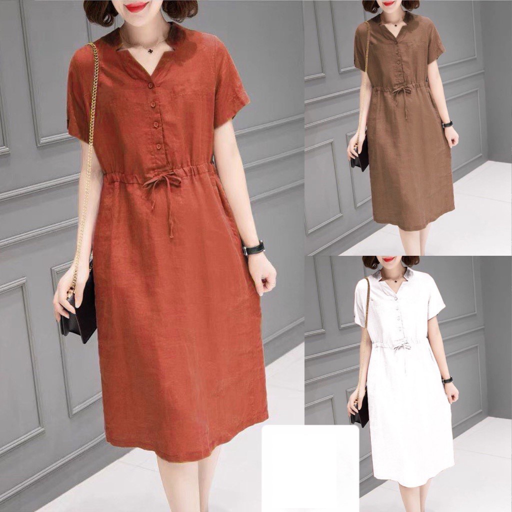 Đầm đũi suông, cổ cách điệu, ngắn tay, có dây thắt eo, 2 túi hông tiện lợi (45kg-70kg)