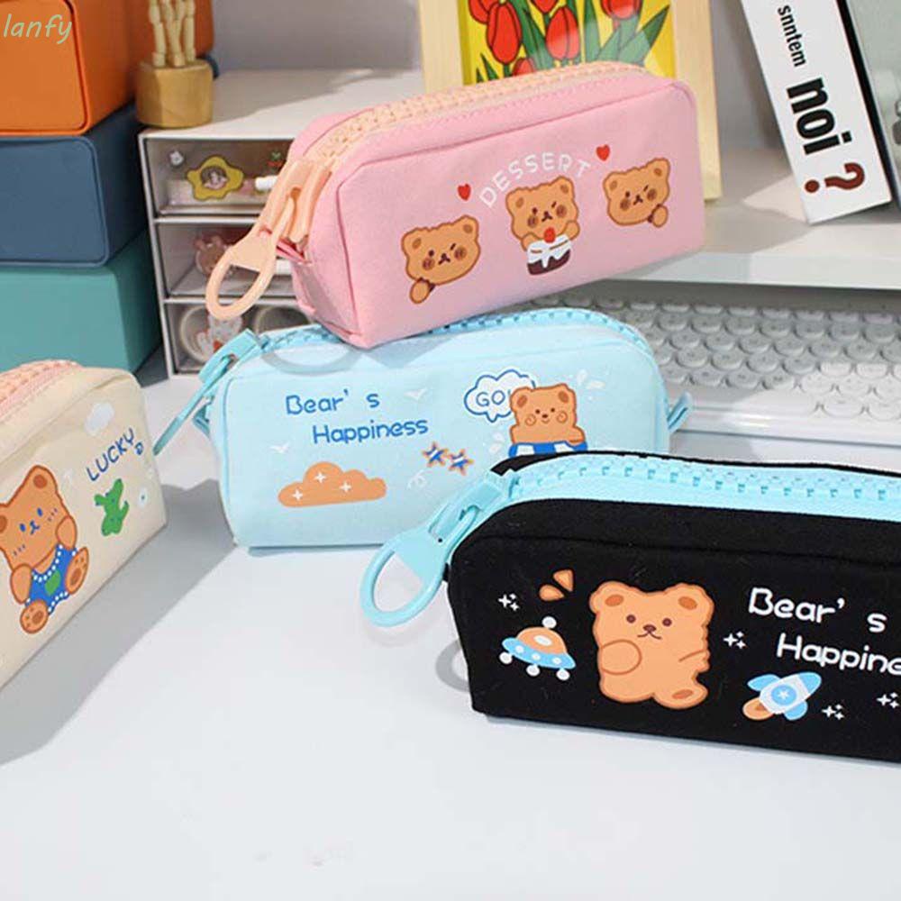 Túi đựng bút bằng vải canvas sức chứa lớn nhiều màu sắc có khóa kéo họa tiết gấu dễ thương