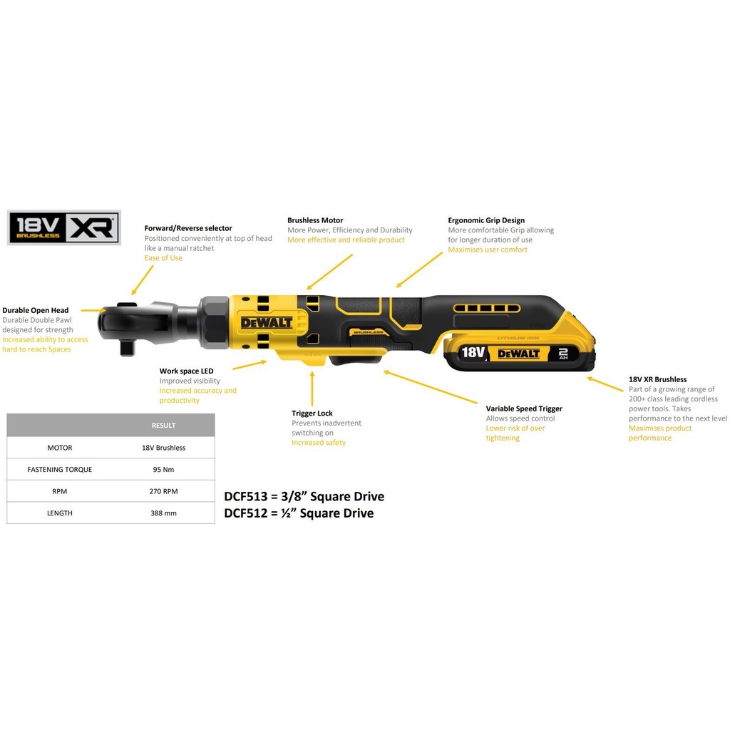 THÂN MÁY SIẾT BULONG GÓC BRUSHLESS 1/2 INCH DÙNG PIN 18/20V ATOMIC DEWALT DCF512N - CHÍNH HÃNG