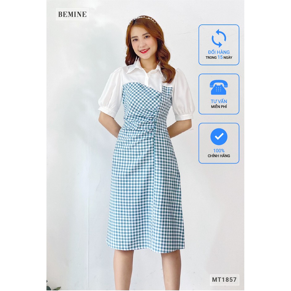 Đầm dáng xòe nữ họa tiết caro cúp ngực phối cổ sơ mi kiểu dáng thanh lịch BEMINE MT1857XANH