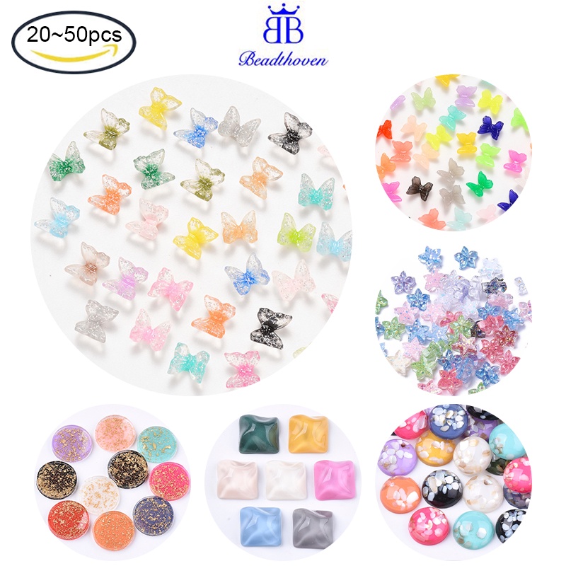 Set 20-50 Hạt Nhựa Cabochons 3D Phối Kim Tuyến Nhiều Màu 7.5x8x3.5mm