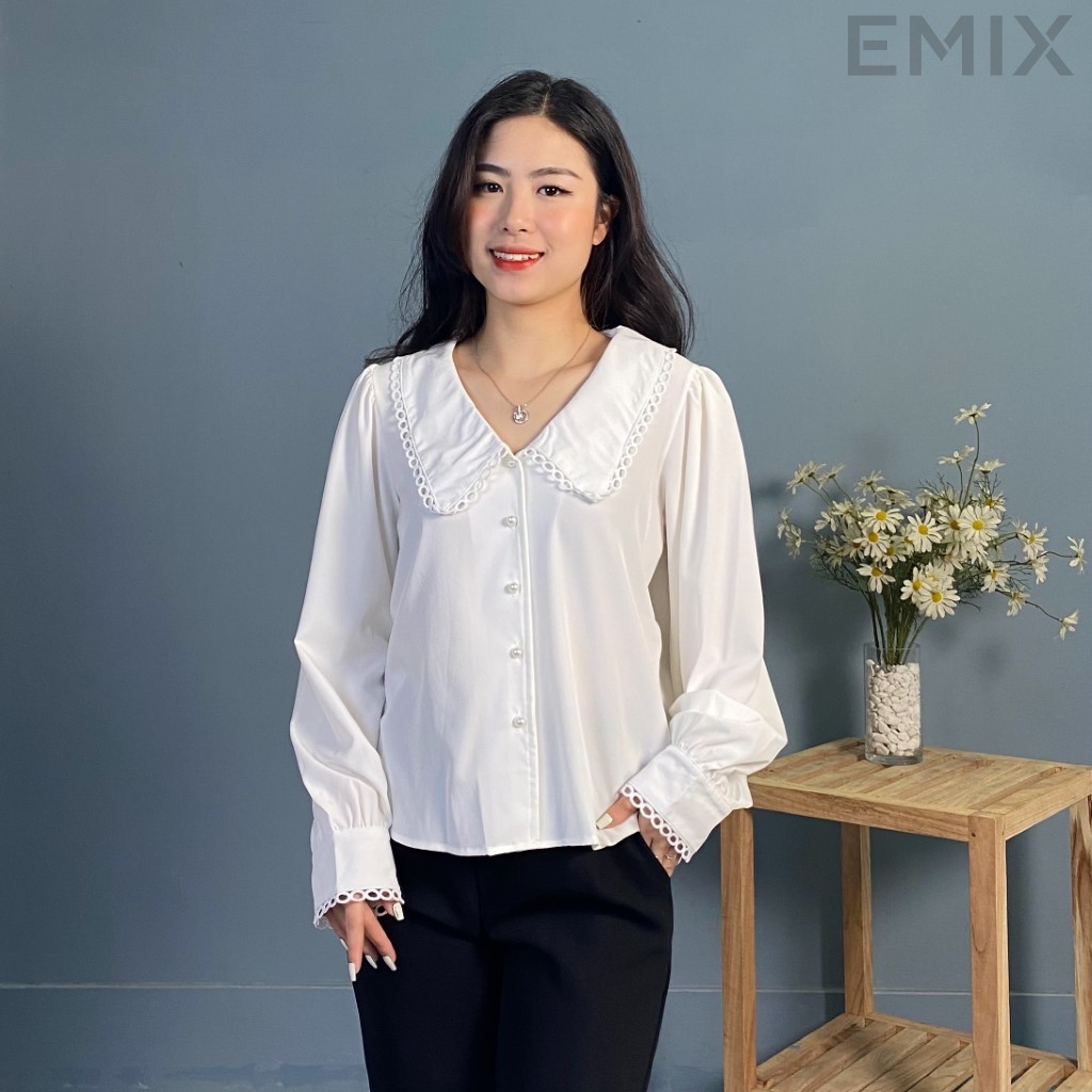 Áo sơ mi công sở phối ren EMIX (màu trắng), dáng dài, tay bồng, cổ ren, chất voan cát mềm mịn không nhăn