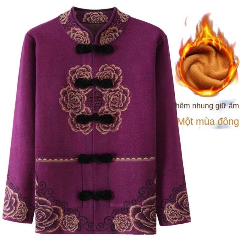 Phụ nữ trung niên và cao tuổi quần áo thu đông của dài tay bà nội đan cardigan Tang phù hợp với khoác len dày nhung -vn5