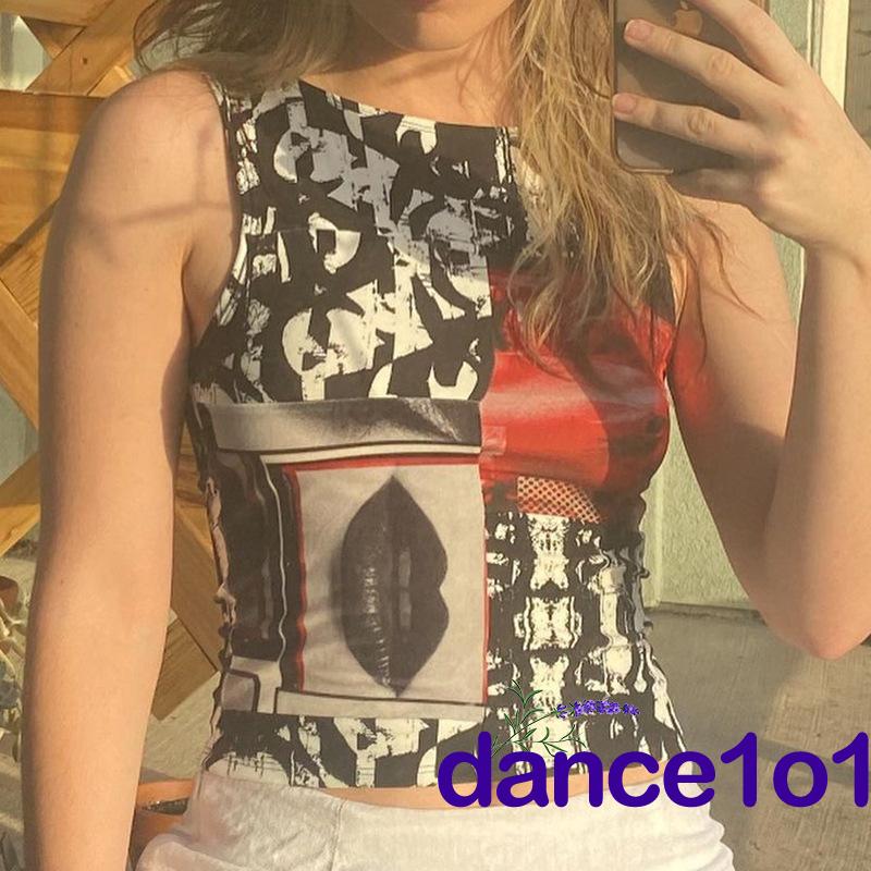 Áo thun không tay cổ tròn in hình đôi môi cho nữ