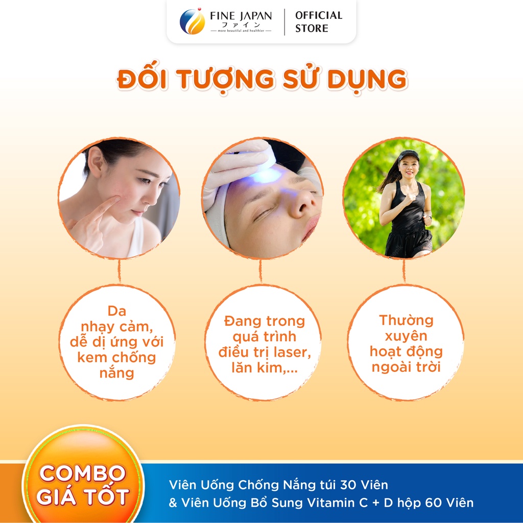 Combo Chống nắng sáng da FINE JAPAN - Viên uống chống nắng & Viên uống bổ sung Vitamin C + D 30 ngày