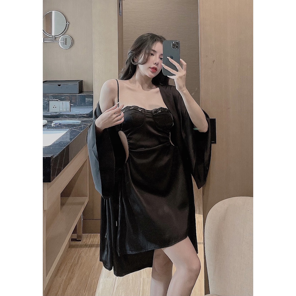 Set đầm ngủ nữ 2 dây sexy lụa latin dây rút