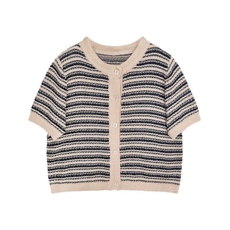 (HÀNG SẴN)ÁO LEN KẺ SỌC NỀN BE CỘC TAY CỔ TRÒN DÁNG CROPTOP | BigBuy360 - bigbuy360.vn