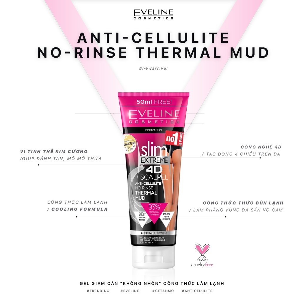 Gel Tan Mỡ Slim Extreme 4D EVELINE Lạnh, Không Nhờn, Kích Thích Đốt Cháy Mỡ Tuýp 250ml