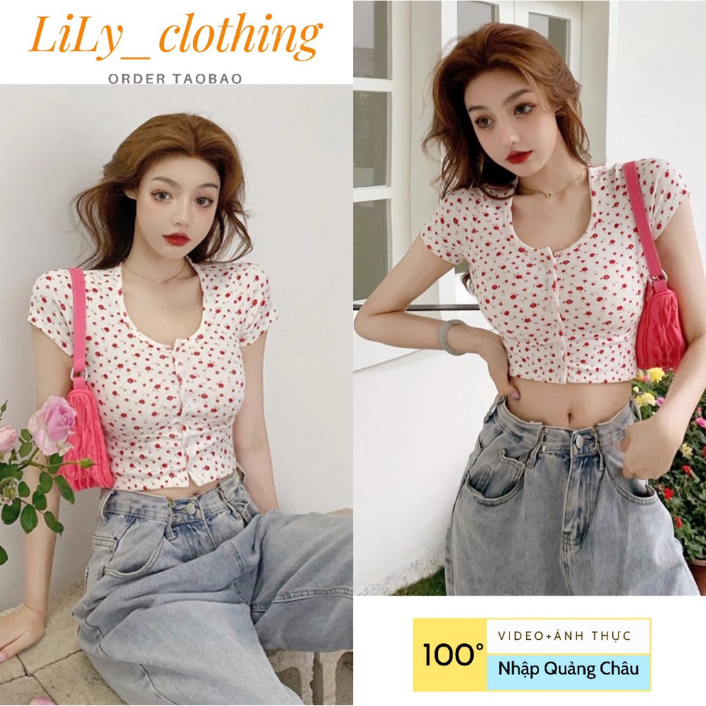 Áo croptop nữ Quảng Châu [VIDEO+ẢNH THẬT] Áo kiểu nữ tay ngắn dáng crt hoa nhí nhập Taobao phong cách trẻ trung - có sẵn