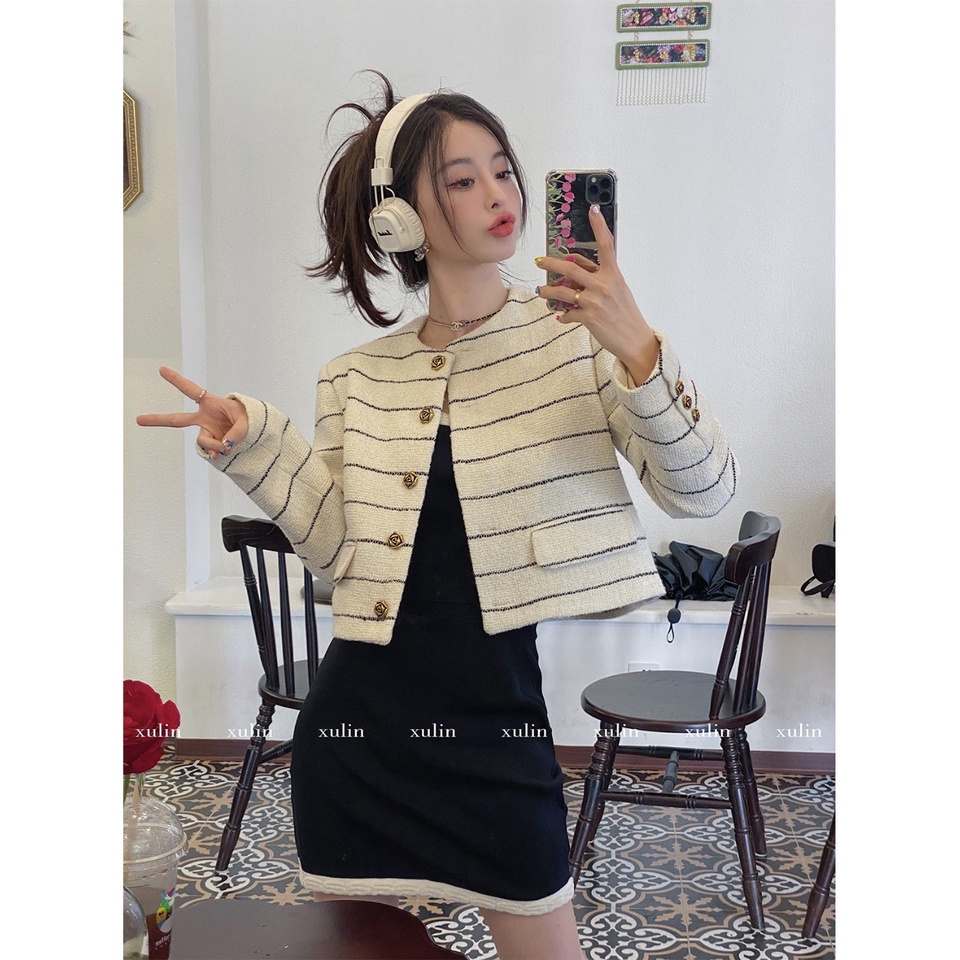 (Hàng Đẹp)Ảnh thật 5 hình cuối-HC937.Áo khoác Tweed xuân thu kẻ ngang chanh xả Hàn Quốc