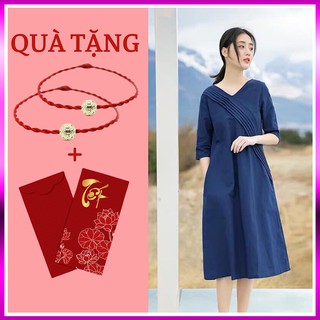 Đầm Dáng Suông Lửng Xanh Navy Vải Linen